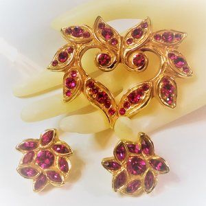 Vintage Lacroix Jeweled Heart Brooch and Earrings